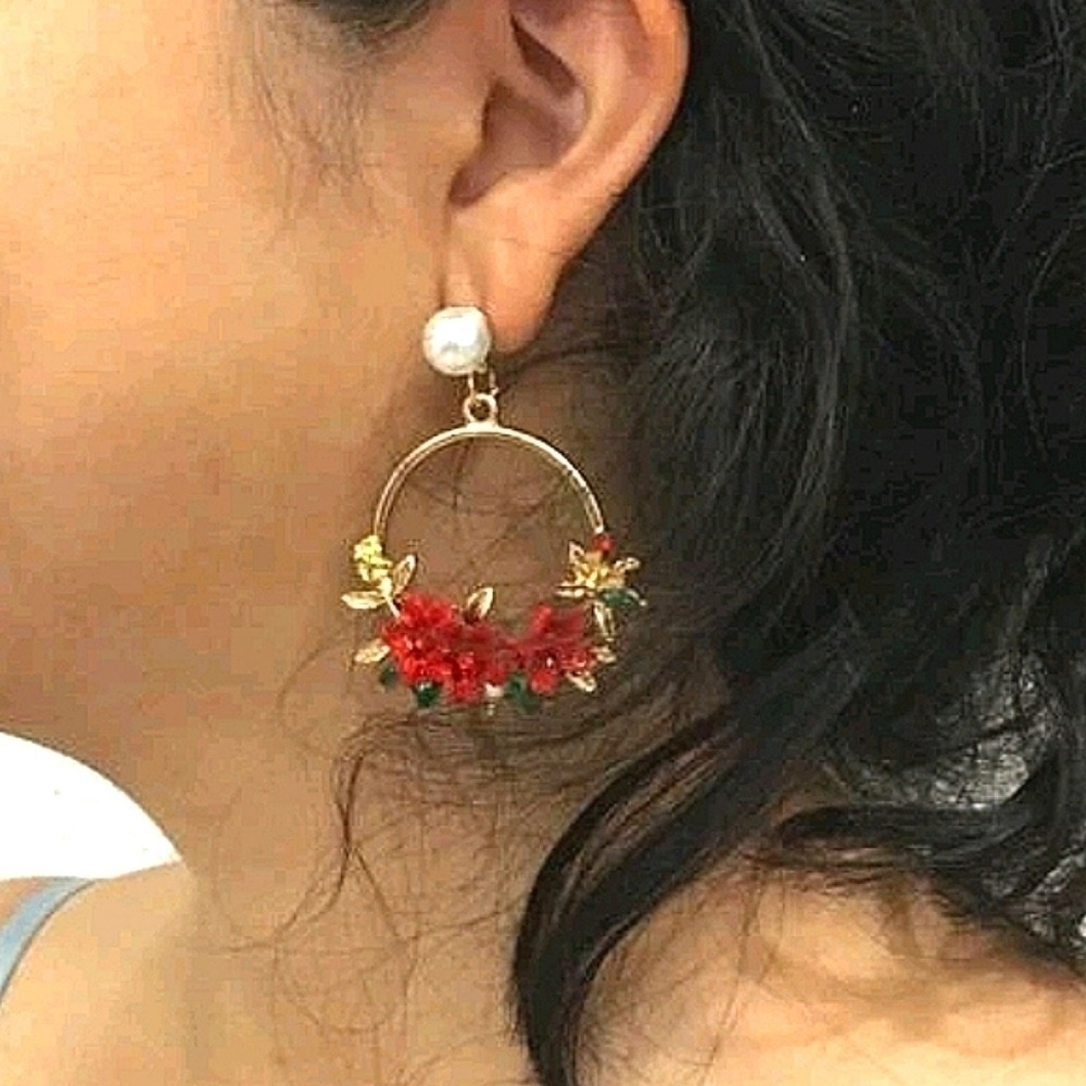 Gold Tone Floral Hoop Earrings Red Flower Pearl Statement Boho Event 💖